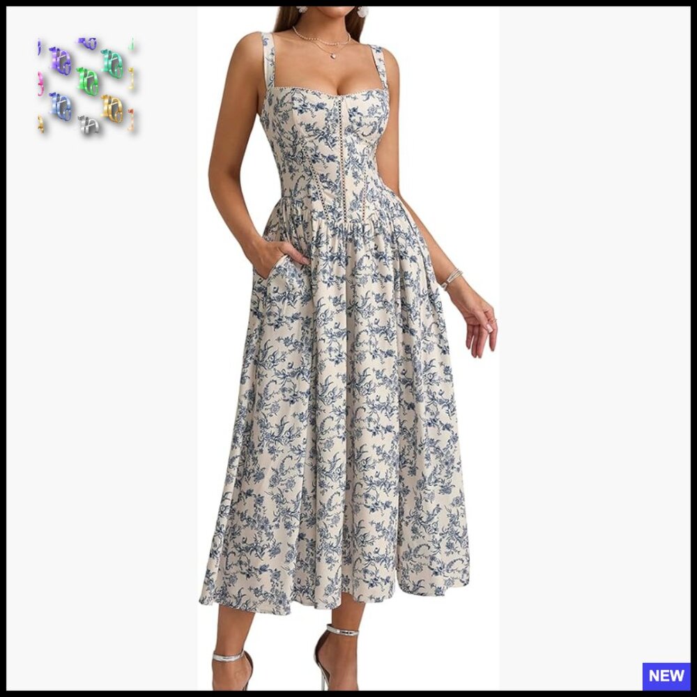 Floral Corset Midi Dress Flowy Slit Summer Wedding Guest Boho Elegant